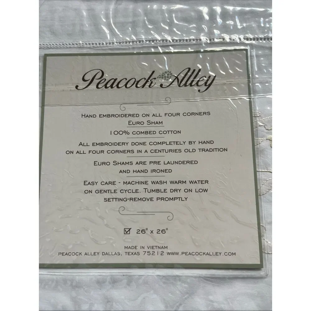NWT Peacock Alley Euro Sham 26X26 White Embroidered on all 4 Corners 100% Cotton